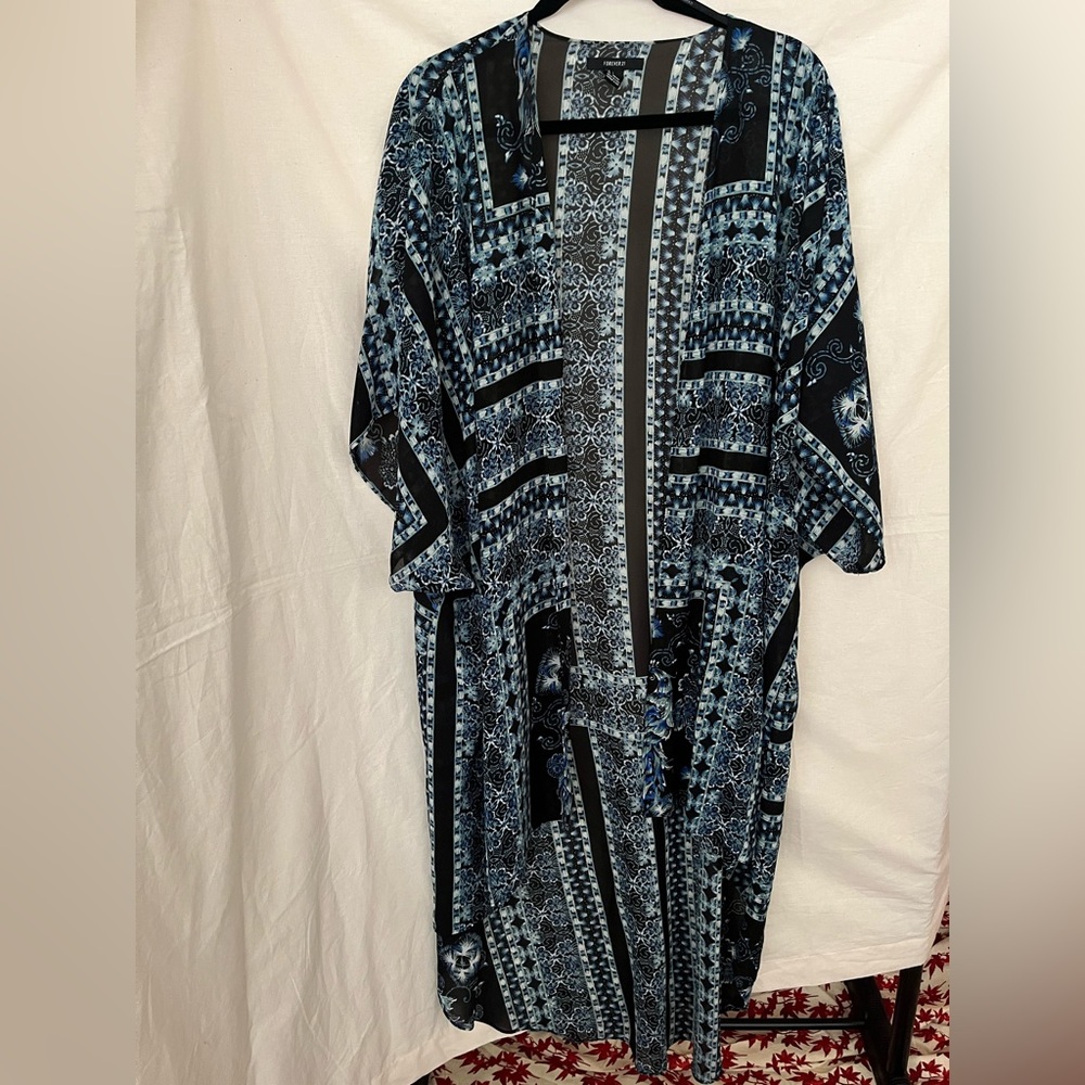 Forever 21 - Long Duster - Peacock Blue and Black Print - Size Large